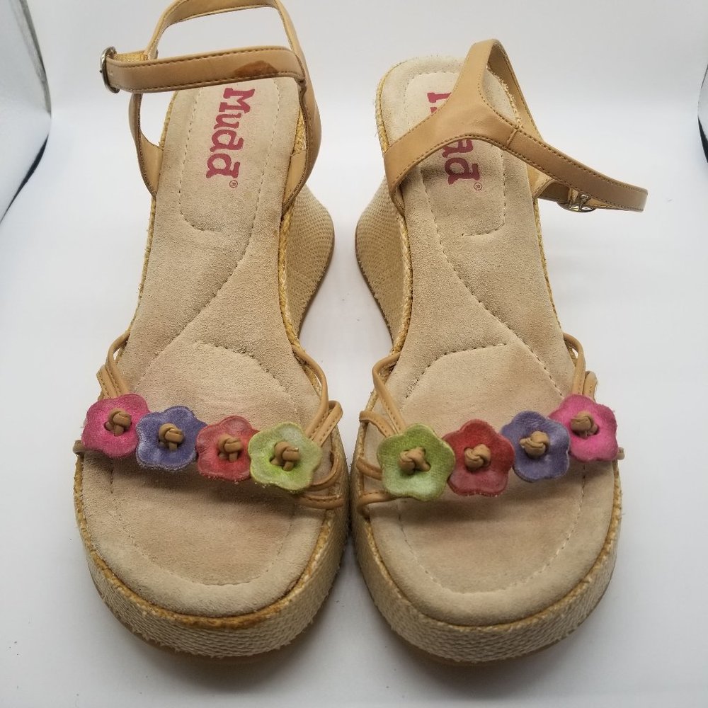 Mudd Tan with flower strap wedged heel sandals